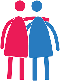 Drawing of two people, standing side by side, giving each other a sideways hug.