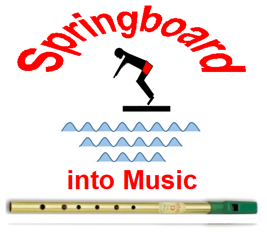 Image showing Springboard into Music Logo. A man on a springboard 
about to dive into a swimming pool, just below the swimming pool water, an Irish Whistle or Tin Whistle is displayed.